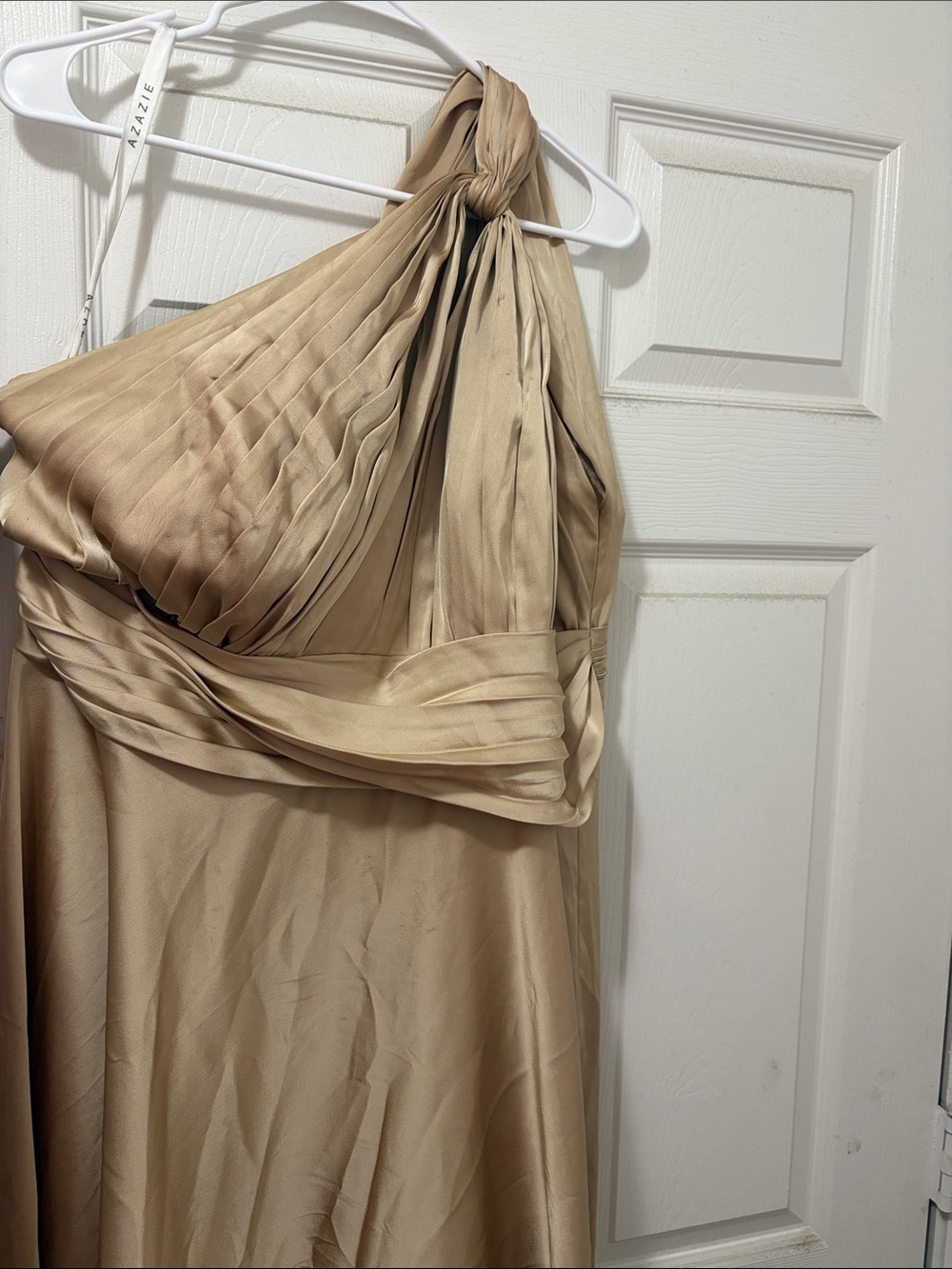 Azazie champagne One-Shoulder Pleated Satin bridesmaid dress